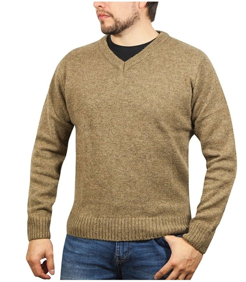 100% Shetland Ragg Wool V Neck Knit Jumper Pullover Mens Sweater Knitted - Nutmeg - S