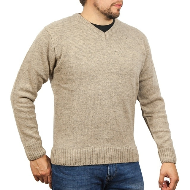 100% Shetland Wool V Neck Knit Jumper Pullover Mens Sweater Knitted - Oat Marle (03) - M