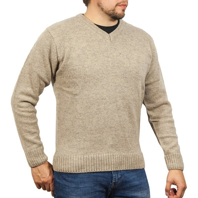 100% Shetland Wool V Neck Knit Jumper Pullover Mens Sweater Knitted - Oat Marle (03) - XL