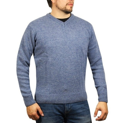 100% Shetland Ragg Wool V Neck Knit Jumper Pullover Mens Sweater Knitted - Sky - 3XL