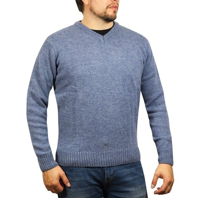 100% Shetland Ragg Wool V Neck Knit Jumper Pullover Mens Sweater Knitted - Sky - 3XL
