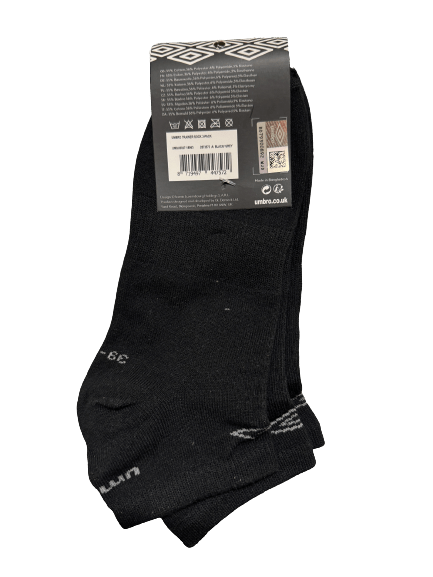 Umbro Mens Trainer Ankle Socks - Black - 1 Pack of 3 Pairs - EU 39-42