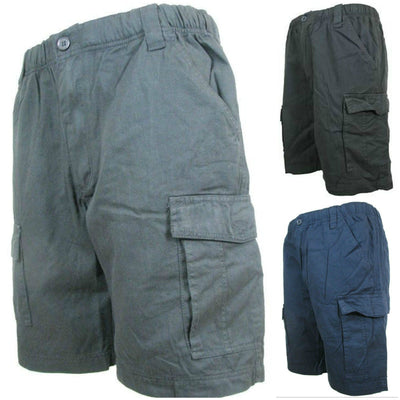 CARGO SHORTS Elastic Waist 100% COTTON Army Military PLAIN Pocket Mens S-XXL - Black - S