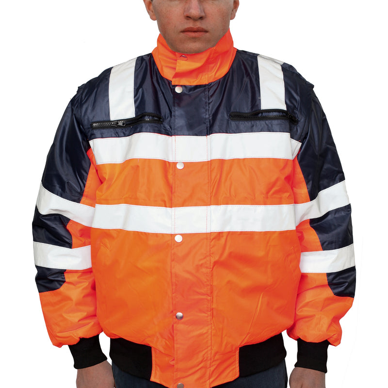 3-in-1 Hi Vis Quilted Safety Bomber Jacket Waterproof Reflective Workwear - Orange/Navy - L