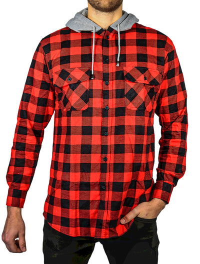 Mens Cotton Flannelette Shirt w Jersey Hood Long Sleeve Flannel - Red/Black - 3XL