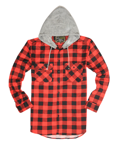 Mens Cotton Flannelette Shirt w Jersey Hood Long Sleeve Flannel - Red/Black - 3XL