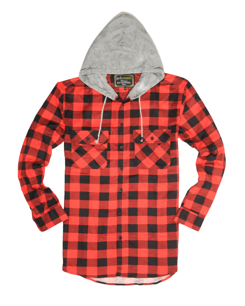 Mens Cotton Flannelette Shirt w Jersey Hood Long Sleeve Flannel - Red/Black - 3XL