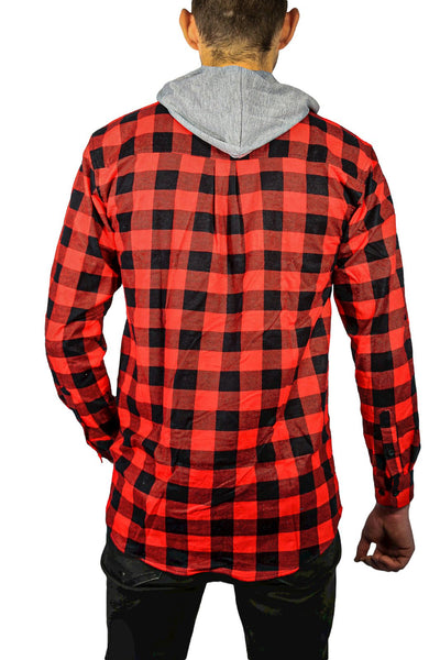 Mens Cotton Flannelette Shirt w Jersey Hood Long Sleeve Flannel - Red/Black - 4XL