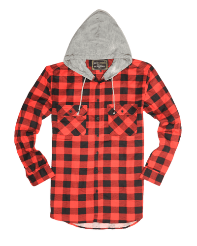 Mens Cotton Flannelette Shirt w Jersey Hood Long Sleeve Flannel - Red/Black - 4XL