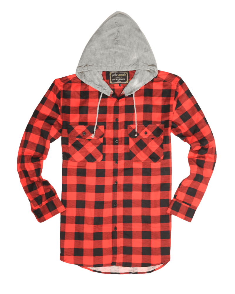 Mens Cotton Flannelette Shirt w Jersey Hood Long Sleeve Flannel - Red/Black - 4XL