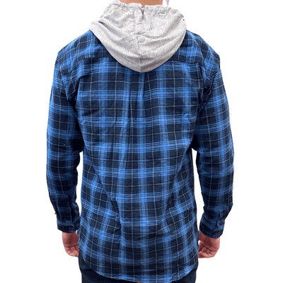 Mens Cotton Flannelette Shirt w Jersey Hood Long Sleeve Flannel - Blue - XL