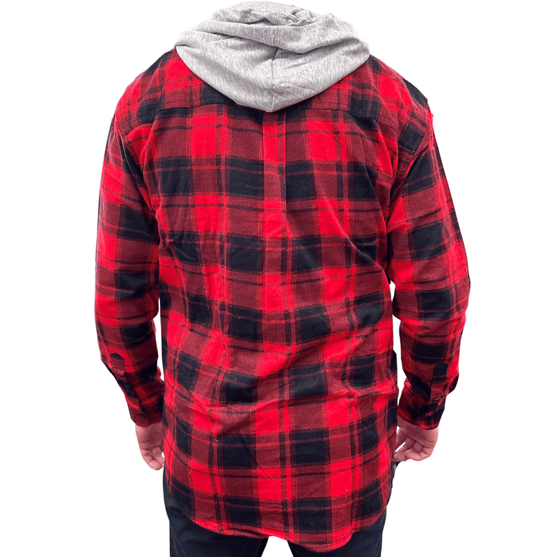 Mens Cotton Flannelette Shirt w Jersey Hood Long Sleeve Flannel - Red - 3XL