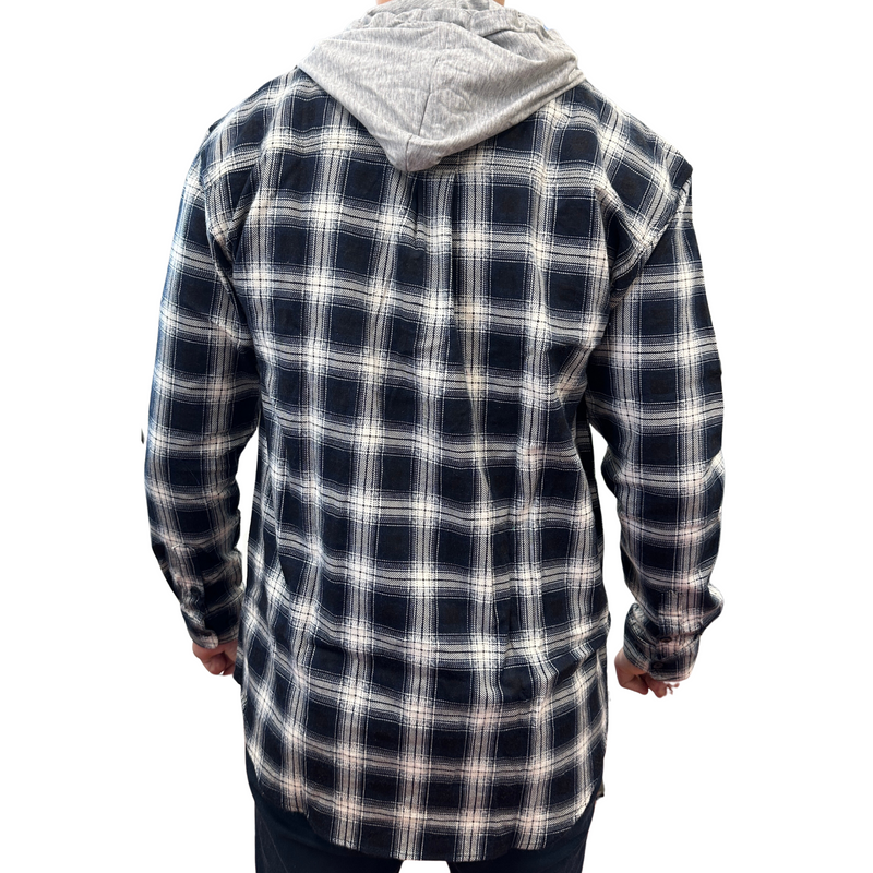 Mens Cotton Flannelette Shirt w Jersey Hood Long Sleeve Flannel - Black - S