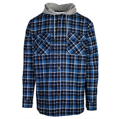 Mens Cotton Flannelette Shirt w Jersey Hood Long Sleeve Flannel - Turquoise - M