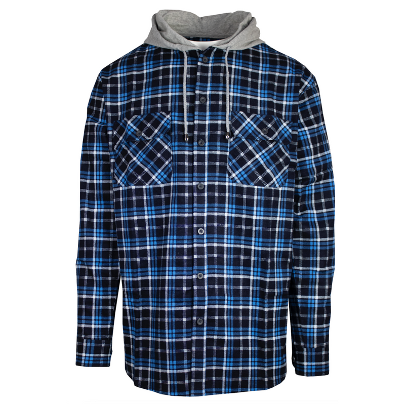 Mens Cotton Flannelette Shirt w Jersey Hood Long Sleeve Flannel - Turquoise - S