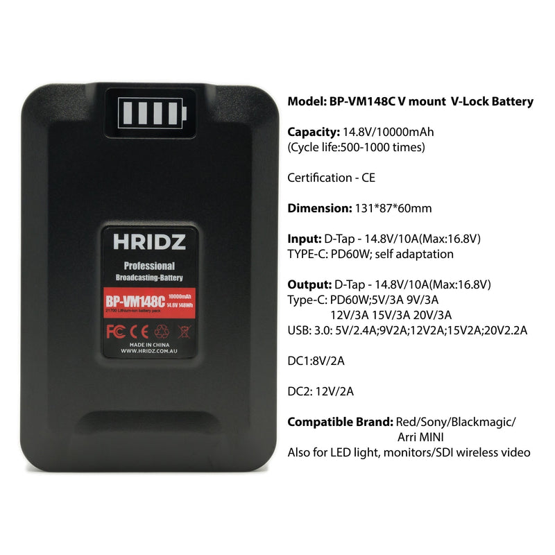 HRIDZ VM-BP148 V Lock V Mount Battery – 148Wh 14.8V 10000mAh Li-ion Battery