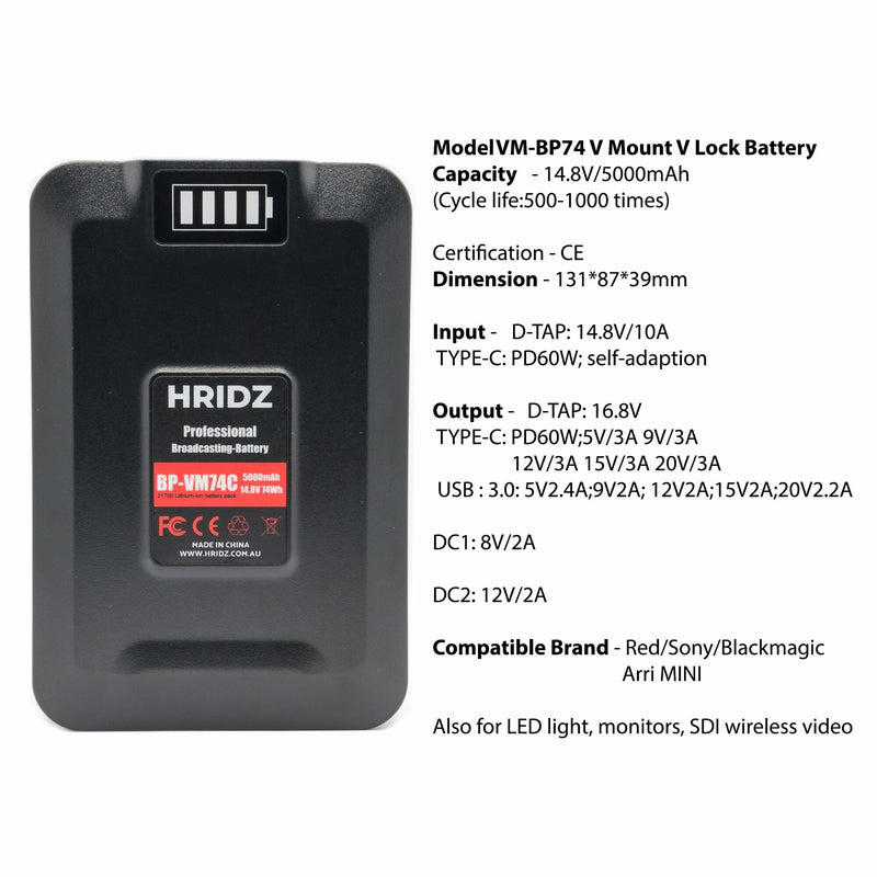 HRIDZ VM-BP74 V Lock V Mount Battery - 74Wh 14.8V 5000mAh Li-ion Battery