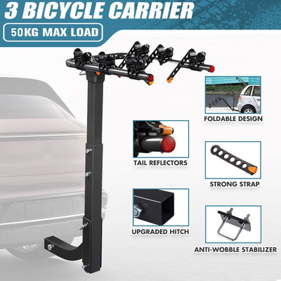 3 Bike Rack Bicycle Car Rear Carrier 2" Steel Foldable Steel Hitch Mount Towbar