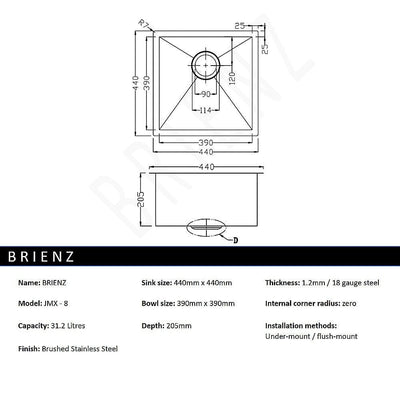 440x440mm Handmade Stainless Steel Undermount / Topmount Kitchen Laundry Sink with Waste