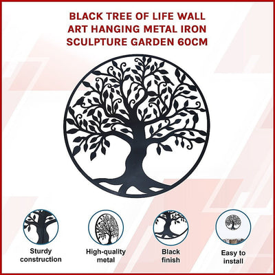 Black Tree of Life Wall Art Hanging Metal Iron Sculpture Garden 60cm