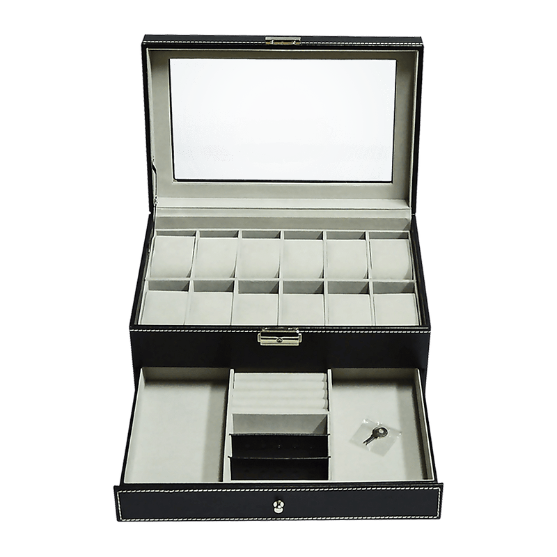 12 Grids Watch Display Case Leather jewellery Storage Box Organiser Lock Key