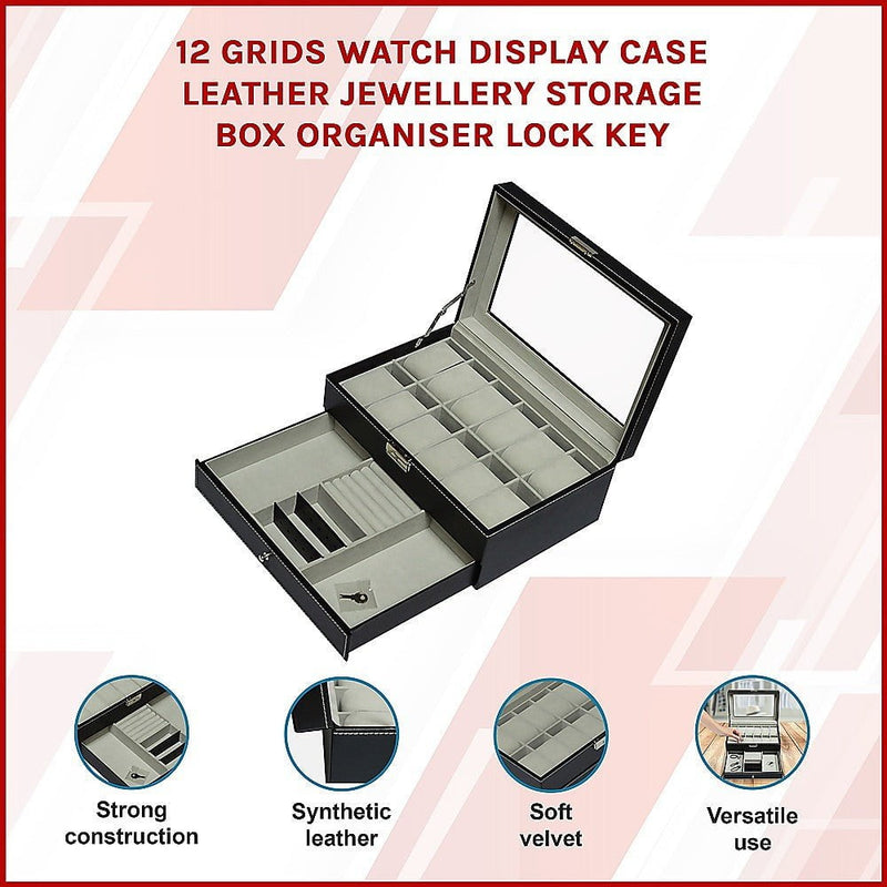 12 Grids Watch Display Case Leather jewellery Storage Box Organiser Lock Key