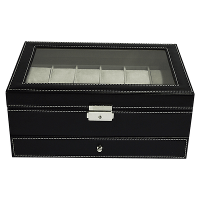 12 Grids Watch Display Case Leather jewellery Storage Box Organiser Lock Key