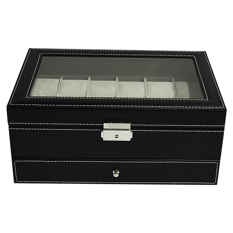 12 Grids Watch Display Case Leather jewellery Storage Box Organiser Lock Key