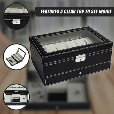 12 Grids Watch Display Case Leather jewellery Storage Box Organiser Lock Key