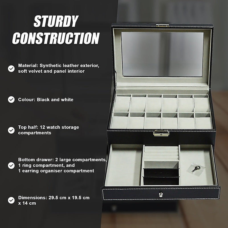 12 Grids Watch Display Case Leather jewellery Storage Box Organiser Lock Key