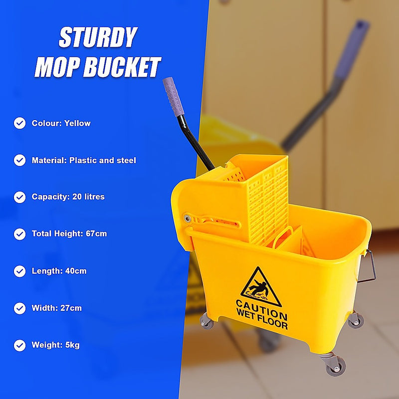 20L Deluxe Mop Wringer Bucket Side Press Janitor Commercial Cleaning