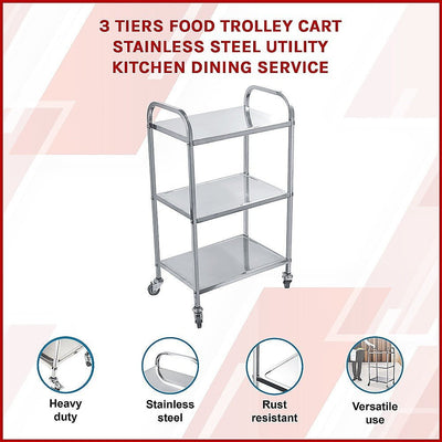 3 Tiers Food Trolley Cart Stainless Steel Utility Kitchen Dining Service