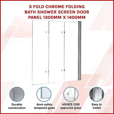 3 Fold Chrome Folding Bath Shower Screen Door Panel 1300mm x 1400mm