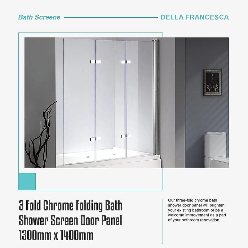 3 Fold Chrome Folding Bath Shower Screen Door Panel 1300mm x 1400mm