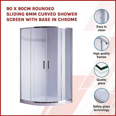 90 x 90cm Rounded Sliding 6mm Curved Shower Screen with Base in Chrome