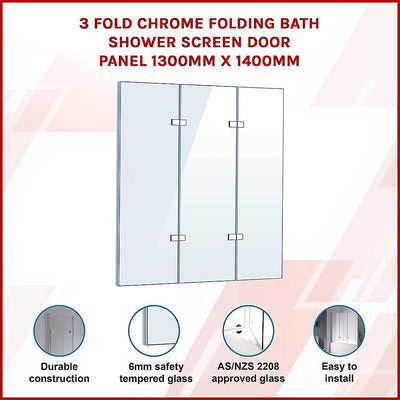 3 Fold Chrome Folding Bath Shower Screen Door Panel 1300mm x 1400mm