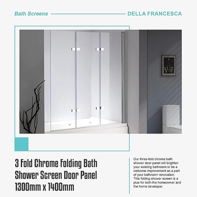 3 Fold Chrome Folding Bath Shower Screen Door Panel 1300mm x 1400mm