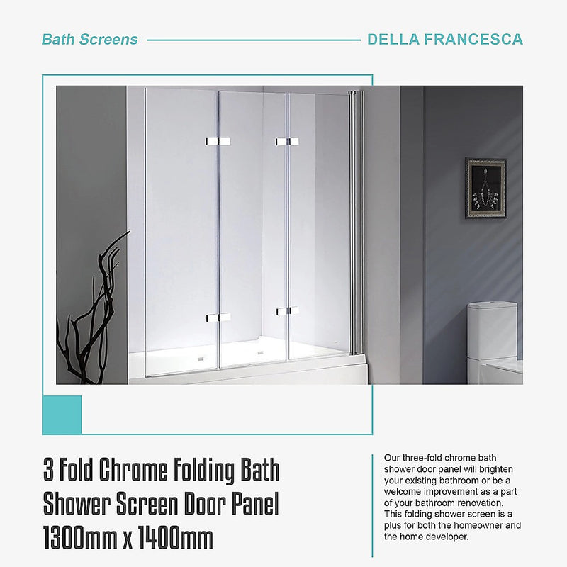 3 Fold Chrome Folding Bath Shower Screen Door Panel 1300mm x 1400mm