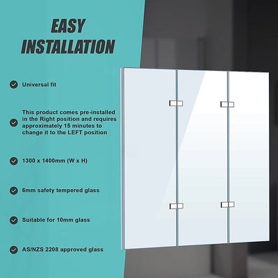 3 Fold Chrome Folding Bath Shower Screen Door Panel 1300mm x 1400mm