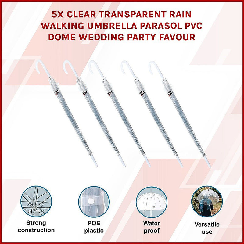 5x Clear Transparent Rain Walking Umbrella Parasol PVC Dome Wedding Party Favour