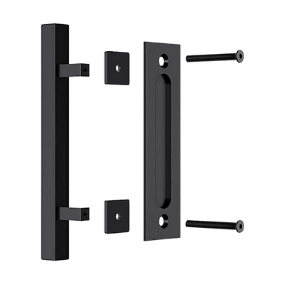 12" Square Pull and Flush Door Handle Set Black Barn Door Hardware