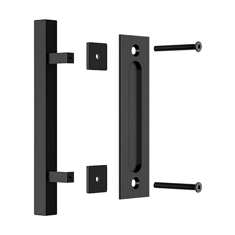 12" Square Pull and Flush Door Handle Set Black Barn Door Hardware