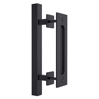 12" Square Pull and Flush Door Handle Set Black Barn Door Hardware