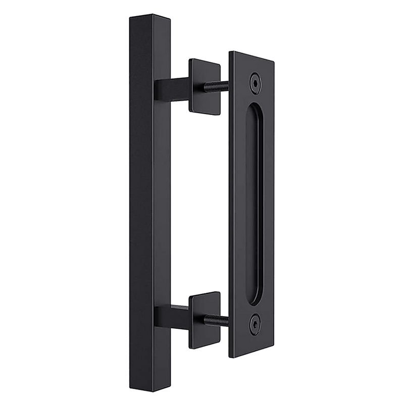 12" Square Pull and Flush Door Handle Set Black Barn Door Hardware
