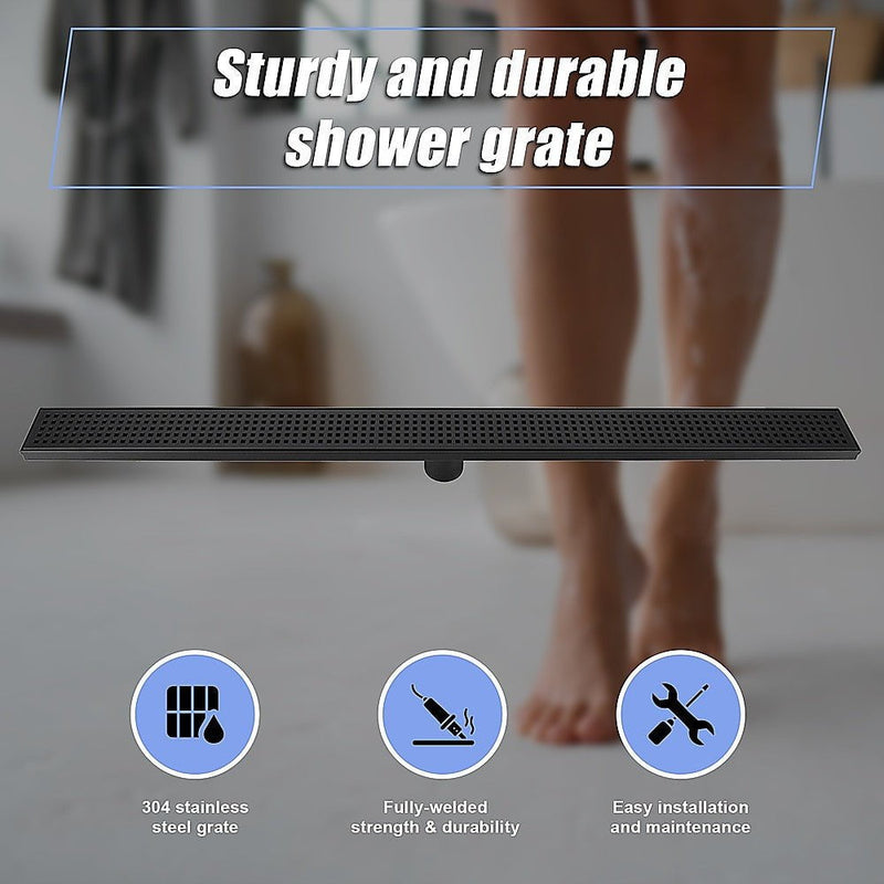 1000mm Bathroom Shower Black Grate Drain w/Centre outlet Floor Waste Square Pattern