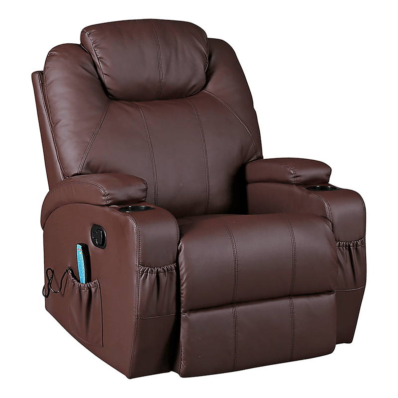 Brown Massage Sofa Chair Recliner 360 Degree Swivel PU Leather Lounge 8 Point Heated