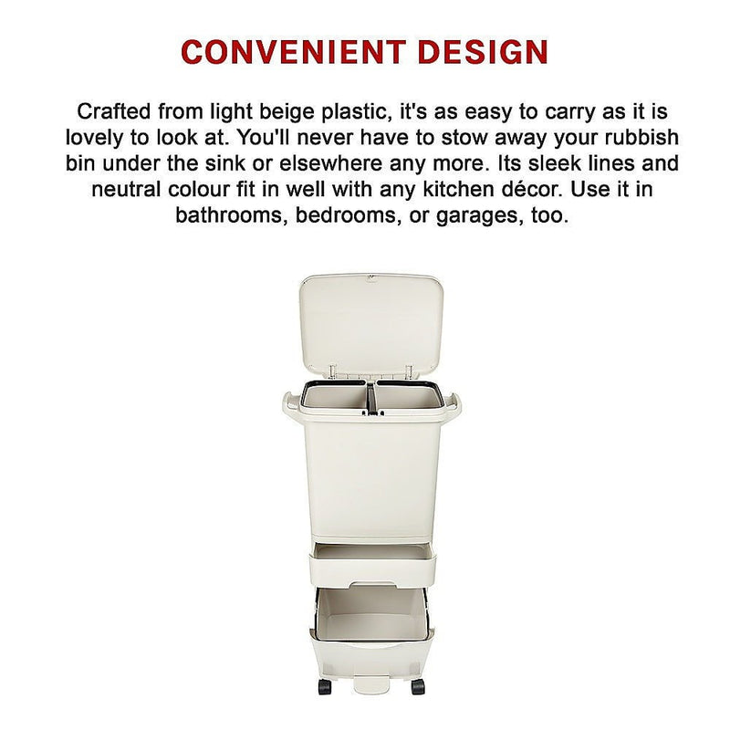 42L Rubbish Bin Waste Trash Can Pedal Recycling Kitchen Wheel 2 Compartment