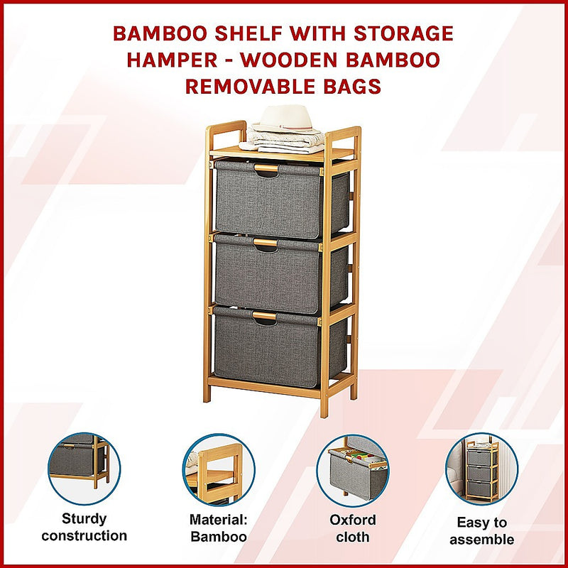 Bamboo Shelf with Storage Hamper – Wooden Organiser with 3 Removable Laundry Bags