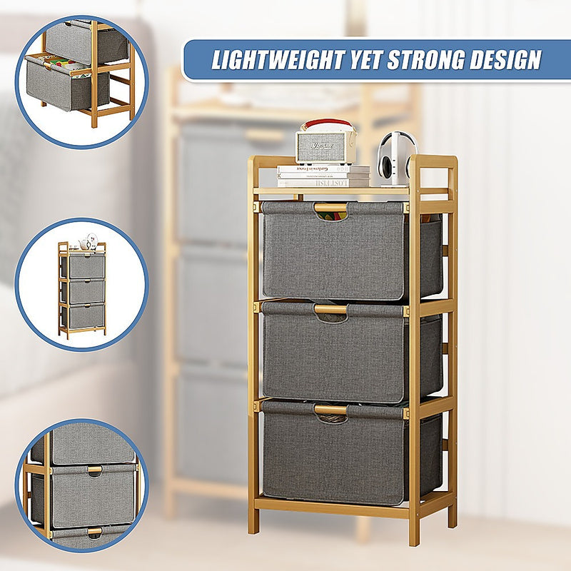 Bamboo Shelf with Storage Hamper – Wooden Organiser with 3 Removable Laundry Bags