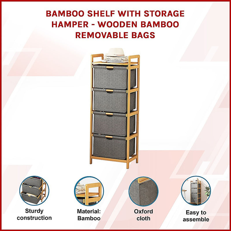 Bamboo Shelf with Storage Hamper – Wooden Organiser with 4 Removable Laundry Bags